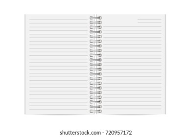 Vertical blank open copybook. Spiral notebook isolated on white background.  Template, mock up of organizer or diary. Horizontal lined.Vector.