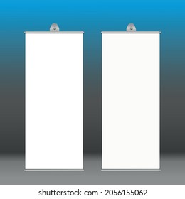 Placa vertical de enrollamiento en blanco para el diseño de publicidad comercial. Poner en marcha el soporte de banners aislado en un fondo transparente. La exhibición de un espectáculo blanco vectorial vacío se burla de la presentación o exhibición de su producto.