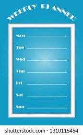 Vertical blank weekly planner with white frame and free place for each day of the week. All is on the blue background.