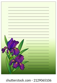 Vertical Blank for writing a letter with flowers - vector full color template. Sheet in a line for a letter or postcard, to do list with irises - flowers and leaves.for writing a letter with flowers -