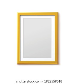 Marco fotográfico amarillo en blanco vertical o marco de imagen colgado en una mockup o plantilla de pared, ilustración vectorial realista aislada en fondo blanco.