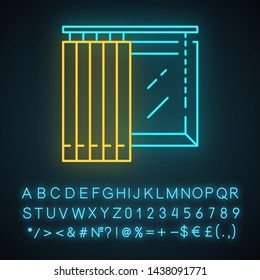 Vertical blinds neon light icon. Office and house window covering. Home interior design. Window treatments. Glowing sign with alphabet, numbers and symbols. Vector isolated illustration