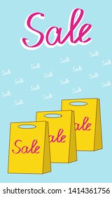Vertical blue background with the inscription sale, yellow packages, banner, vector, backdrop, shop, purchase, gift, discounts, interest.