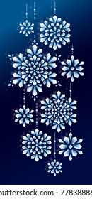 Fondo azul Vertical y nueve copos de nieve blancos