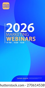 Plantilla del webinar de negocios de Vertical azul. Fondo Abstractas fluido con textura de punto de semitono y diseño de texto amarillo. Diseño moderno de volante corporativo para historias de redes sociales o registro de eventos.