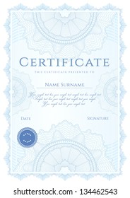 Vertical blue certificate of completion (template) with guilloche pattern (watermarks). Background design usable for diploma, invitation, gift voucher, coupon, official or different awards. Vector