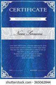 Vertical blue certificate and diploma template with vintage, floral, filigree and cute pattern for winner for achievement. Blank of award coupon. Vector