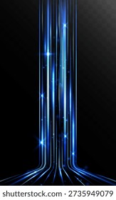 Vertical blue glowing light lines with sparkling particles on a dark background, creating a futuristic energy column and high-tech digital stream effect.