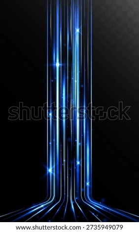 Vertical blue glowing light lines with sparkling particles on a dark background, creating a futuristic energy column and high-tech digital stream effect.