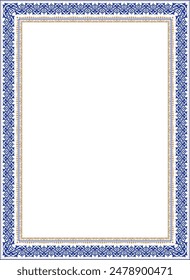 Vertical de marco de oro azul Plantilla de patrón oriental. Formato A4. Vector. Plantilla para crear certificados, vales de regalo, postales, diplomas. Plantilla de marco de patrón, borde, adorno decorativo.