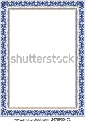 Vertical Blue Gold frame template from Eastern pattern. A4 format. Vector. Template for creating certificates, gift vouchers, postcards, diplomas. Pattern frame template, border, decorative ornament.