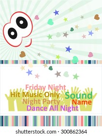 Vertical blue music party background with graphic elements and text. Vector illustration