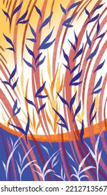 Vertical blue and orange textured background with blue white and yellow leaf botany decoration element. Vector wallpaper for social media and post backdrop art colorful summer asian vibes.