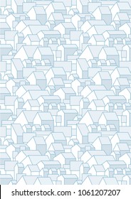 Vertical blue pattern with simple houses. Gable roofs. Vector. Good for surface design, pattern fills, card design, covers. 