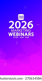 Vertical azul y rosa gradiente webinar Plantilla. Fondo Abstractas con flechas geométricas y patrones de puntos. Diseño moderno de volante de marketing digital con diseño de texto para historias de redes sociales.