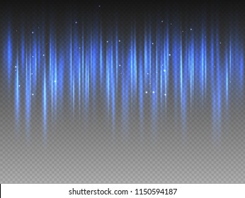 Vertical blue radiance glow pulsing rays with sparks on transparent background. Vector abstract illustration of Aurora Borealis light effect. Shining waves design. Polar glowing flare