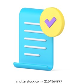 Vertical blue text document form completed daily tasks reminder with check mark 3d icon realistic vector illustration. To do list efficiency examination questionnaire business communication isolated