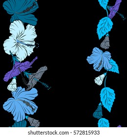 Vertical blue and violet hibiscus flowers seamless pattern with copy space (place for your text). Vector illustration.