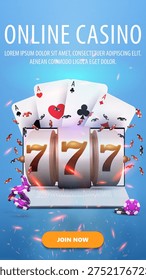 Vertical blue web banner for online casino with laptop, slot machine, playing cards and poker chips. The banner is blue and has a lot of chips in swirl.
