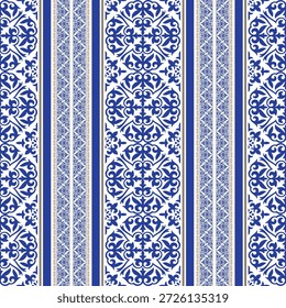 Panel decorativo azul Vertical y blanco enmarcado por bordes con adorno dorado. Característico de Asia Central, motivo islámico. Islam, mundo árabe, India, Imperio Otomano. Cerámica mediterránea.