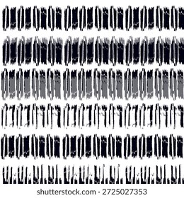 Vertical bold charcoal lines seamless pattern. Hand drawn regular dashed strokes with grainy texture. Black paint dry brushstrokes in a row. Abstract monochrome vector geometric background.