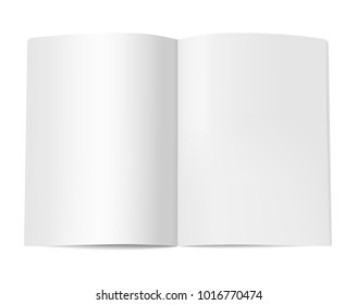 Vertical book booklet or magazine mock up. Template of opened notepad with blank pages isolated on white background. Vector realistic illustration