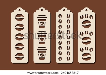 Vertical bookmark designs with coffee beans pattern. Laser cut template for coffee lovers. Decorative bookmark vector stencil for paper, wood and metal cutting