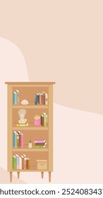 Vertical bookshelf template for Instagram stories. Cozy vector illustration with books and decor, perfect for content about reading, home libraries, or interior design.