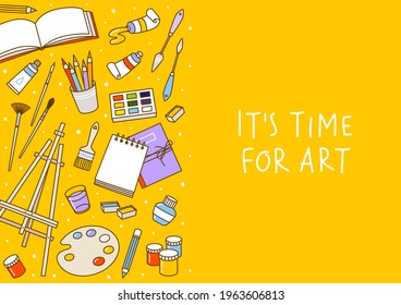 Vertical border with art supplies on yellow background - easel, paints, watercolor, palette, sketchbooks, brushes, drawing pencils - cartoon objects for happy art design