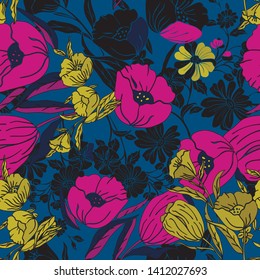 Vertical border bright floral vector illustration Transparent layers bright pink, yellow and indigo poppy flowers seamless repeat pattern. Ideal for cheerful stylish wallpaper, scrapbooking, fashion