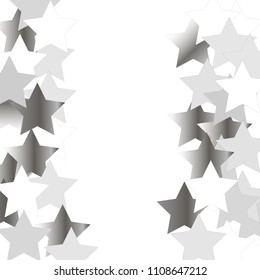 Vertical border from Confetti Silver Metal Stars Isolated. Scattered stars. Abstract Confetti Background  for holiday, decorations, paper packaging, textile  design, covers.
