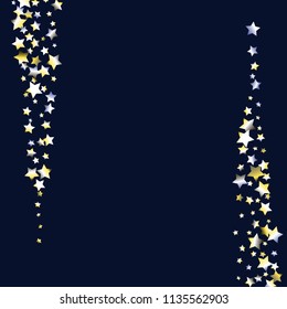 Vertical border from Confetti Stars. Isolated yellow blue white grey  gradient stellar elements. Festive iridescent holographic shine effect vector background for decorations, flyers, posters.