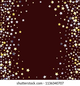 Vertical border from Confetti Stars. Isolated yellow blue white grey  gradient stellar elements. Festive iridescent holographic shine effect vector background for decorations, flyers, posters.