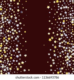 Vertical border from Confetti Stars. Isolated yellow blue white grey  gradient stellar elements. Holiday celebration luminous glossy vector background for decorations, flyers, posters.