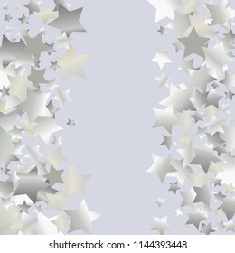 Vertical border from confetti stars. Isolated gradient celestial elements. Platinum metallic gloss.Festive iridescent holographic shine effect vector template for decorations, flyers, posters.