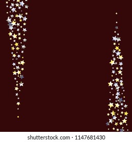 Vertical border from Confetti Stars. Isolated yellow blue white grey gradient celestial elements. Holiday celebration luminous glossy vector background for decorations, flyers, posters.
