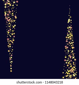 Vertical border from confetti stars. Isolated yellow orange red gradient stellar elements. Festive iridescent holographic shine effect vector template for decorations, packaging, flyers, posters.