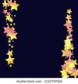 Vertical border from confetti stars. Isolated yellow orange red gradient celestial elements. Holiday celebration luminous glossy vector template for decorations, packaging, flyers, posters.