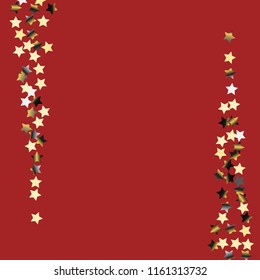 Vertical border from confetti stars.  Isolated gradient stellar elements. Platinum chrome metal shine. Festive iridescent holographic effect vector background.