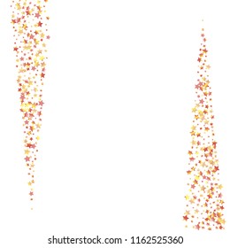 Vertical border from confetti stars. Isolated yellow orange red gradient stellar . Festive iridescent holographic shine effect vector template for decorations, packaging, flyers, posters.