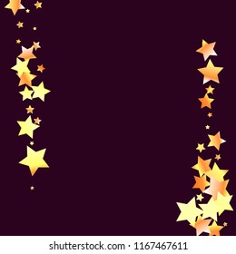 Vertical border from confetti stars. Isolated yellow orange red gradient celestial elements. Festive iridescent holographic shine effect vector template for decorations, packaging, flyers, posters.