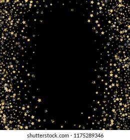 Vertical border from confetti stars.  Isolated gradient celestial elements. Platinum chrome metal glitter. Holiday celebration luminous vector background.