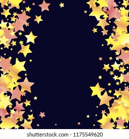 Vertical border from confetti stars. Isolated yellow orange red gradient celestial elements. Iridescent glitter festive  celebration vector  template for decorations, packaging, flyers, posters.