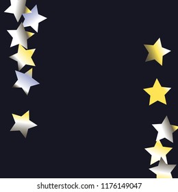 Vertical border from confetti stars.  Isolated yellow blue white grey gradient stellar elements. Holiday celebration luminous vector background.