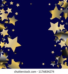 Vertical border from confetti stars.  Isolated gradient stellar elements. Platinum chrome metal glitter. Festive iridescent holographic effect vector background.