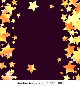 Vertical border from confetti stars. Isolated yellow orange red gradient celestial elements. Iridescent glitter festive  celebration vector  template for decorations, packaging, flyers, posters.