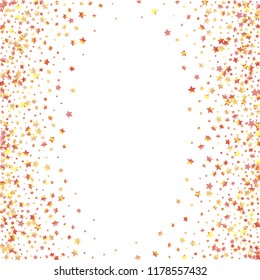 Vertical border from confetti stars. Isolated yellow orange red gradient stellar elements. Iridescent glitter festive  celebration vector  template for decorations, packaging, flyers, posters.