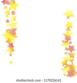 Vertical border from confetti stars. Isolated yellow orange red gradient celestial elements. Festive iridescent holographic shine effect vector template for decorations, packaging, flyers, posters.