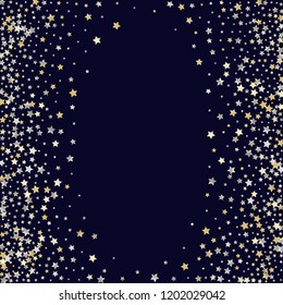 Vertical border from confetti stars. Isolated gradient stellar elements. Yellow pearl nacre shine. Holiday celebration luminous glossy vector template for celebration decorations, posters.