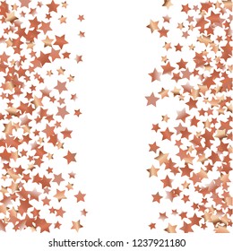 Vertical border from confetti stars. Isolated gradient stellar elements. Copper metal shine. Holiday celebration luminous glossy vector template for celebration decorations, posters.